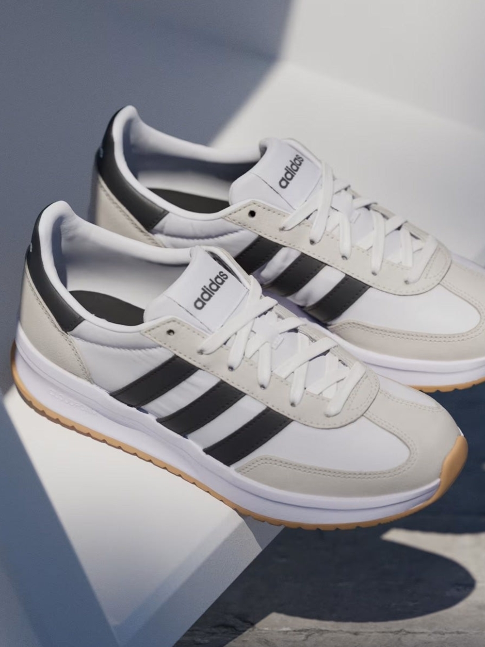 adidas White Sneakers with Black Stripes and Gum Sole